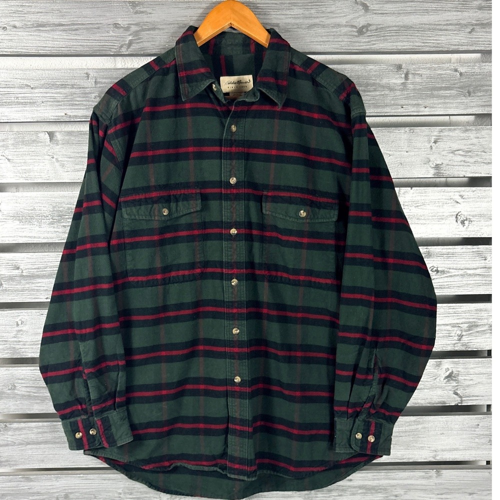 Vintage Y2K Eddie Bauer Mens M Green Striped HEAVY Flannel Shirt Long Sleeve